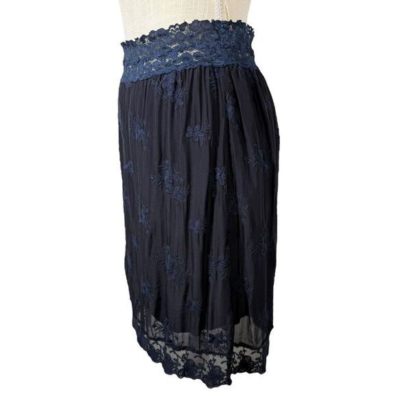 Nicole Italy Navy Blue Silk Floral Embroidered Lace Trim Pull On Skirt - Picture 2 of 8